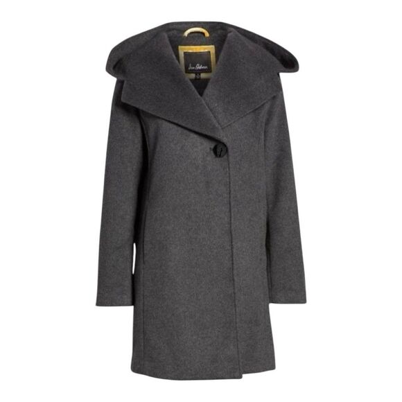 Sam Edelman Shawl Collar Hooded Wool Blend Charcoal Gray Pea Coat Size 8 - Picture 1 of 14